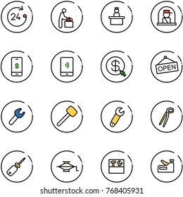 line vector icon set - 24 hours vector, baby room, recieptionist, officer window, mobile payment, money click, open, wrench, rubber hammer, plumber, screwdriver, jack, tool box, stapler