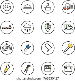 line vector icon set - 24 hours vector, client bell, recieptionist, fork loader, baggage truck, money rain, dollar pin, encashment car, open, wrench, fretsaw, rubber hammer, plumber, tool box