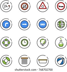 line vector icon set - 24 hours vector, no computer sign, round motion road, cart horse, only right, bus, globe, friends, time, flask, circle chart, jalousie, basin, beach ball