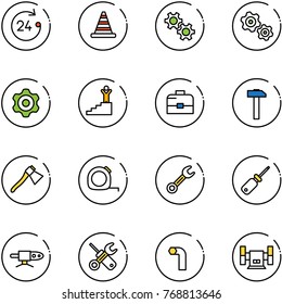 line vector icon set - 24 hours vector, road cone, gear, gears, success, case, hammer, axe, measuring tape, wrench, screwdriver, pipe welding, allen key, sharpening