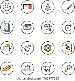 line vector icon set - 24 hours vector, ticket, christmas tree, scalpel, breads, credit card, insurance, money bag, folder, paper plane, gear, certificate, gold, bungalow, beanbag