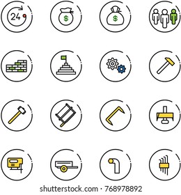 line vector icon set - 24 hours vector, money bag, group, brick wall, pyramid flag, gear, hammer, sledgehammer, bucksaw, staple, milling cutter, jig saw, trailer, allen key, set