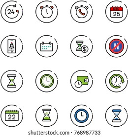 line vector icon set - 24 hours vector, alarm clock, phone, 25 dec calendar, christmas mobile, schedule, account history, no parking even road sign, sand, time, wallet, around