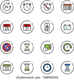 line vector icon set - 24 hours vector, alarm clock, phone, schedule, 25 dec calendar, 31, christmas mobile, no parking even road sign, sand, wallet time, around