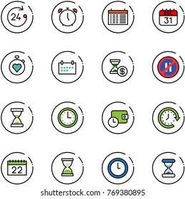 line vector icon set - 24 hours vector, alarm clock, schedule, 31 dec calendar, stopwatch heart, account history, no parking even road sign, sand, time, wallet, around