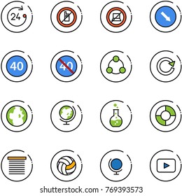 line vector icon set - 24 hours vector, no mobile sign, computer, detour road, minimal speed limit, end, social, reload, globe, round flask, circle chart, jalousie, volleyball, playback