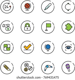 line vector icon set - 24 hours vector, globe, thermometer, cent, encashment, locked, flag, puzzle, check, eye scanner, work knife, rivet, boomerang, beanbag