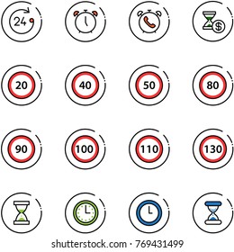 line vector icon set - 24 hours vector, alarm clock, phone, account history, speed limit 20 road sign, 40, 50, 80, 90, 100, 110, 130, sand, time