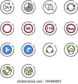 line vector icon set - 24 hours vector, radar, heart diagnosis, exchange, prohibition road sign, speed limit 60, 110, no cart horse, only forward right, community, man globe, circle chart