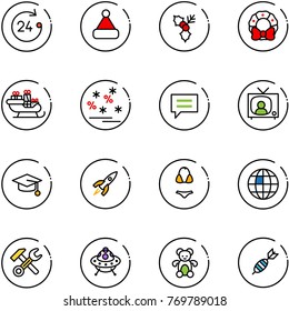 line vector icon set - 24 hours vector, christmas hat, holly, wreath, santa sleigh, sale, chat, tv news, graduate, rocket, swimsuit, globe, wrench hammer, ufo toy, bear, dart