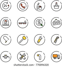 line vector icon set - 24 hours vector, phone, baby room, recieptionist, officer window, baggage truck, money click, open, fretsaw, rubber hammer, wrench, plumber, jack, screwdriver, allen key, toy