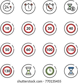 line vector icon set - 24 hours vector, alarm clock, phone, account history, speed limit 10 road sign, 20, 30, 40, 50, 60, 100, 110, 130, sand, time