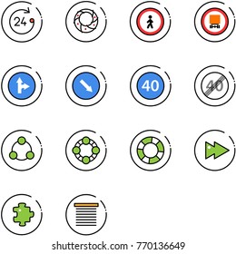 line vector icon set - 24 hours vector, christmas wreath, no pedestrian road sign, dangerous cargo, only forward right, detour, minimal speed limit, end, social, friends, lifebuoy, fast, puzzle