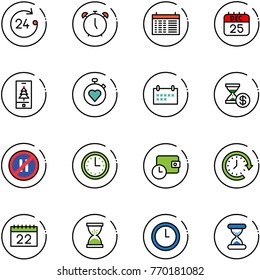 line vector icon set - 24 hours vector, alarm clock, schedule, 25 dec calendar, christmas mobile, stopwatch heart, account history, no parking even road sign, time, wallet, around, sand