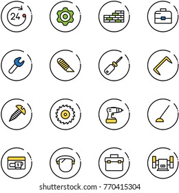 line vector icon set - 24 hours vector, gear, brick wall, case, wrench, work knife, screwdriver, staple, screw, saw disk, drill, hoe, generator, protect glass, tool box, sharpening