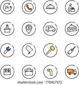 line vector icon set - 24 hours vector, phone, client bell, baby room, recieptionist, dollar pin, encashment car, open, wrench, fretsaw, rubber hammer, screwdriver, tool box, allen key, truck toy