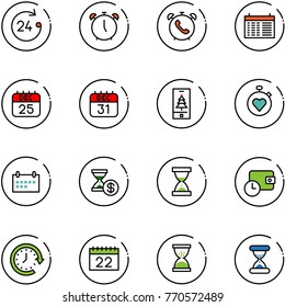 line vector icon set - 24 hours vector, alarm clock, phone, schedule, 25 dec calendar, 31, christmas mobile, stopwatch heart, account history, sand, wallet time, around