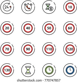 line vector icon set - 24 hours vector, phone alarm, account history, speed limit 10 road sign, 20, 40, 50, 60, 70, 90, 110, 120, 130, sand clock, time