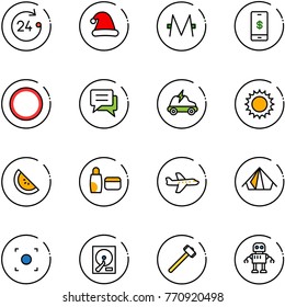 line vector icon set - 24 hours vector, christmas hat, monero, mobile payment, prohibition road sign, chat, electric car, sun, watermelone, uv cream, plane, tent, record button, hdd, sledgehammer