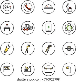 line vector icon set - 24 hours vector, phone, client bell, baby room, recieptionist, fork loader, mobile payment, gear globe, wrench, plumber, jack, tool box, stapler, allen key