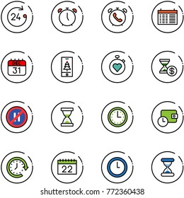line vector icon set - 24 hours vector, alarm clock, phone, schedule, 31 dec calendar, christmas mobile, stopwatch heart, account history, no parking even road sign, sand, time, wallet, around