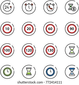 line vector icon set - 24 hours vector, alarm clock, phone, account history, speed limit 10 road sign, 20, 60, 90, 100, 120, 130, sand, time