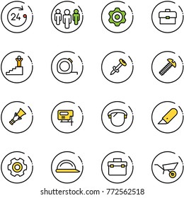 line vector icon set - 24 hours vector, group, gear, portfolio, success, measuring tape, nail dowel, screw, jig saw, protect glass, work knife, construction helmet, tool box, wheelbarrow