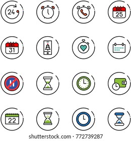 line vector icon set - 24 hours vector, alarm clock, phone, 25 dec calendar, 31, christmas mobile, stopwatch heart, schedule, no parking even road sign, sand, time, wallet