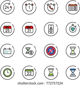 line vector icon set - 24 hours vector, alarm clock, phone, schedule, 25 dec calendar, 31, christmas mobile, stopwatch heart, account history, no parking even road sign, sand, time