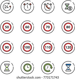 line vector icon set - 24 hours vector, alarm clock, phone, account history, speed limit 50 road sign, 60, 70, 80, 90, 100, 110, 120, sand, time, around