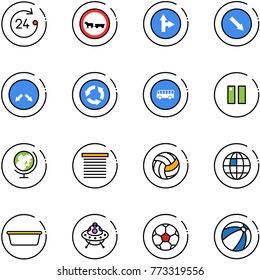 line vector icon set - 24 hours vector, no cart horse road sign, only forward right, detour, circle, bus, pause, globe, jalousie, volleyball, basin, ufo toy, soccer ball, beach