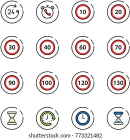 line vector icon set - 24 hours vector, phone alarm, speed limit 10 road sign, 20, 30, 40, 60, 70, 90, 100, 120, 130, sand clock, around