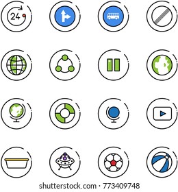 line vector icon set - 24 hours vector, only forward right road sign, bus, no limit, globe, social, pause, circle chart, playback, basin, ufo toy, soccer ball, beach