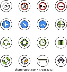 line vector icon set - 24 hours vector, no mobile sign, trailer road, cart horse, only forward right, detour, globe, social, friends, time, pause, circle chart, volleyball, basin, ufo toy