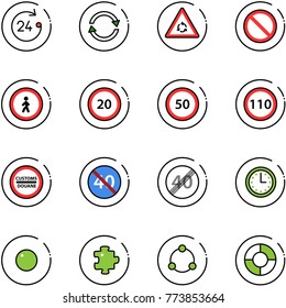 line vector icon set - 24 hours vector, exchange, round motion road sign, prohibition, no pedestrian, speed limit 20, 50, 110, customs, end minimal, time, record, puzzle, community, circle chart