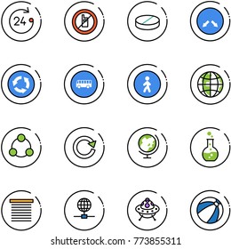 line vector icon set - 24 hours vector, no mobile sign, pill, detour road, circle, bus, pedestrian way, globe, social, reload, round flask, jalousie, ufo toy, beach ball