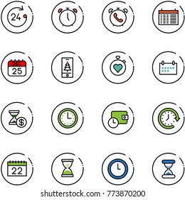 line vector icon set - 24 hours vector, alarm clock, phone, schedule, 25 dec calendar, christmas mobile, stopwatch heart, account history, time, wallet, around, sand