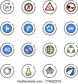 line vector icon set - 24 hours vector, no mobile sign, round motion road, trailer, only forward right, circle, bus, minimal speed limit, end, globe, social, reload, flask, ufo toy, beach ball