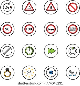 line vector icon set - 24 hours vector, round motion road sign, oncoming traffic, prohibition, speed limit 90, 100, no cart horse, customs, time, fast forward, standby, diamond ring, star man, cd