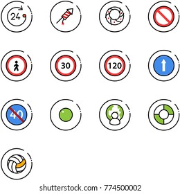line vector icon set - 24 hours vector, firework rocket, christmas wreath, prohibition road sign, no pedestrian, speed limit 30, 120, only forward, end minimal, record, man globe, circle chart