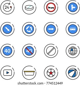 line vector icon set - 24 hours vector, pill, no cart horse road sign, only forward right, detour, circle, bus, minimal speed limit, end, globe, playback, basin, soccer ball, beach