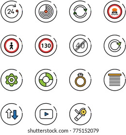 line vector icon set - 24 hours vector, radar, exchange, no dangerous cargo road sign, pedestrian, speed limit 130, end, reload, gear, circle chart, diamond ring, jalousie, up down arrows, playback