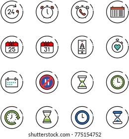 line vector icon set - 24 hours vector, alarm clock, phone, schedule, 25 dec calendar, 31, christmas mobile, stopwatch heart, no parking even road sign, sand, time, around
