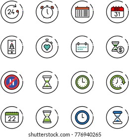 line vector icon set - 24 hours vector, alarm clock, schedule, 31 dec calendar, christmas mobile, stopwatch heart, account history, no parking even road sign, sand, time, around