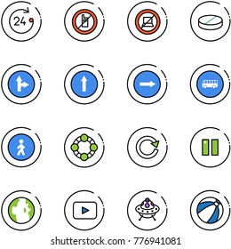 line vector icon set - 24 hours vector, no mobile sign, computer, pill, only forward right road, bus, pedestrian way, friends, reload, pause, globe, playback, ufo toy, beach ball