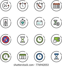 line vector icon set - 24 hours vector, alarm clock, phone, schedule, christmas mobile, stopwatch heart, account history, no parking even road sign, sand, time, wallet, around, calendar