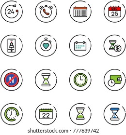 line vector icon set - 24 hours vector, phone alarm, schedule, 25 dec calendar, christmas mobile, stopwatch heart, account history, no parking even road sign, sand clock, time, wallet, around