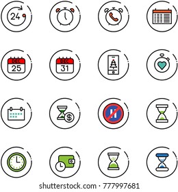 line vector icon set - 24 hours vector, alarm clock, phone, schedule, 25 dec calendar, 31, christmas mobile, stopwatch heart, account history, no parking even road sign, sand, time, wallet