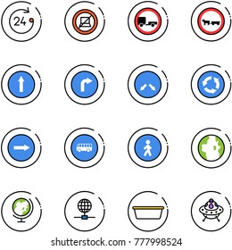 line vector icon set - 24 hours vector, no computer sign, trailer road, cart horse, only forward, right, detour, circle, bus, pedestrian way, globe, basin, ufo toy