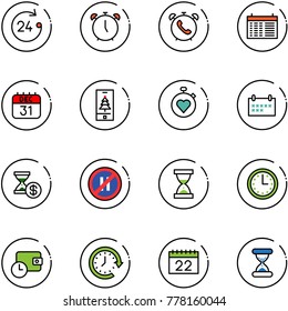 line vector icon set - 24 hours vector, alarm clock, phone, schedule, 31 dec calendar, christmas mobile, stopwatch heart, account history, no parking even road sign, sand, time, wallet, around